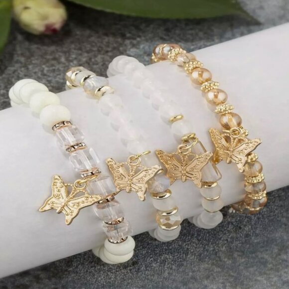 NEW Bohemian Style Multilayered Crystal Butterfly Pendant Bracelet ~ White #180 - Picture 2 of 2